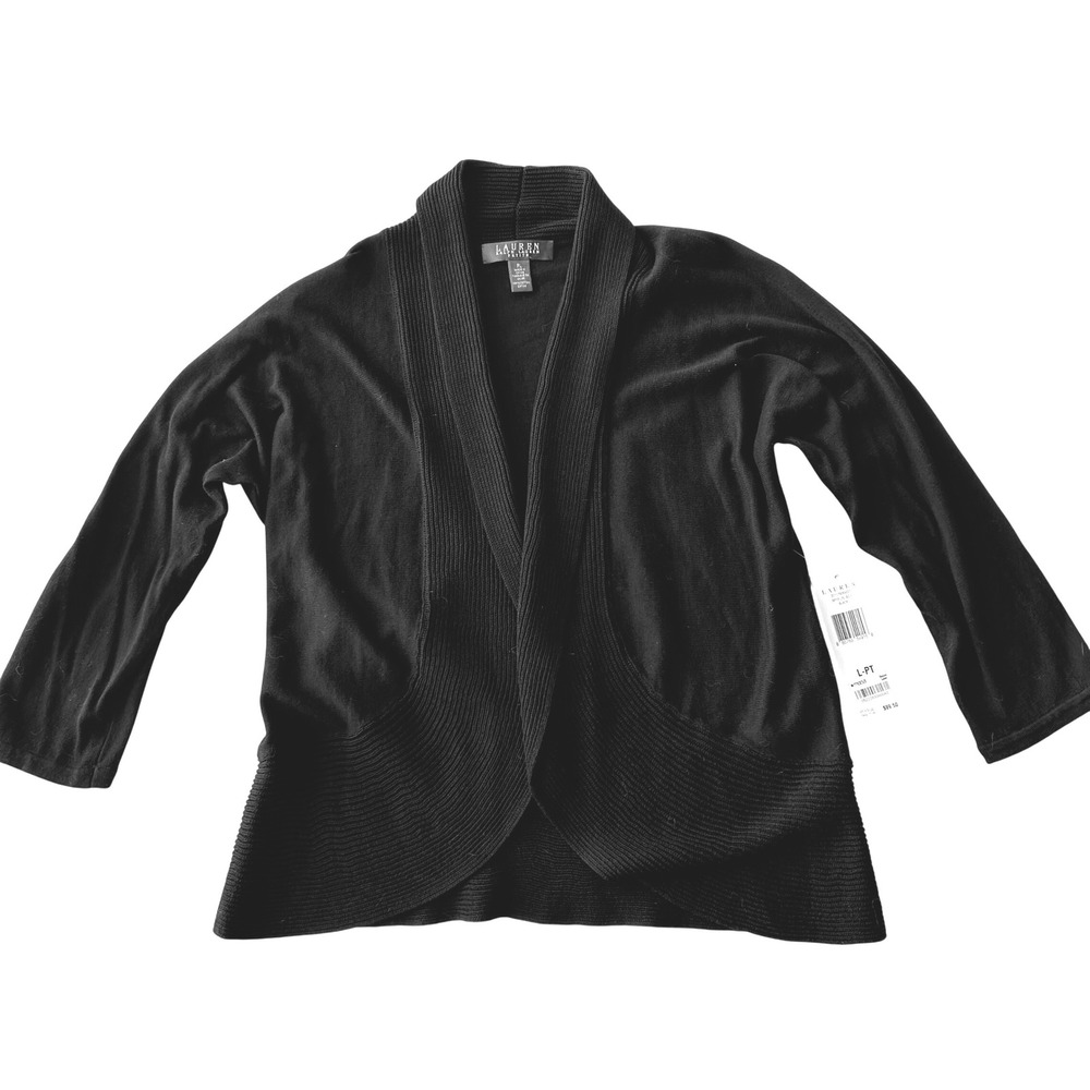Lauren Ralph Lauren Petite Cardigan PL Black Ribbed Open Front Knit Sweater